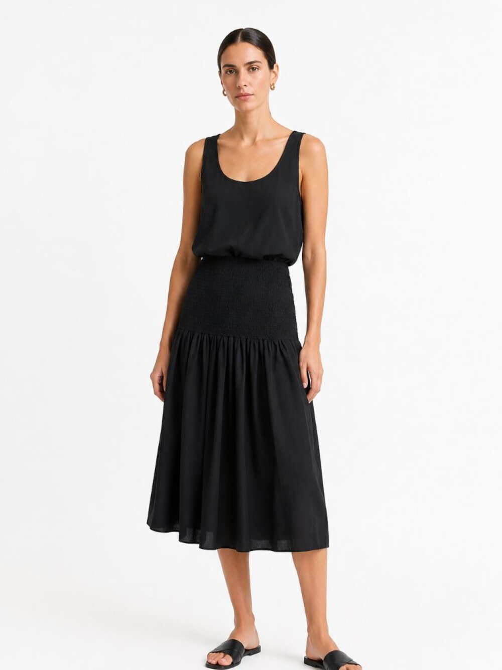 NWT NATION LTD LOS ANGELES  BLACK SLEEVELESS SMOCKED WAIST MIDI TANK DRESS - L